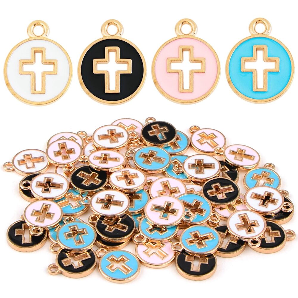2493 100 Pack Round Enamel Cross Charms Hollow Charm Pendants for DIY